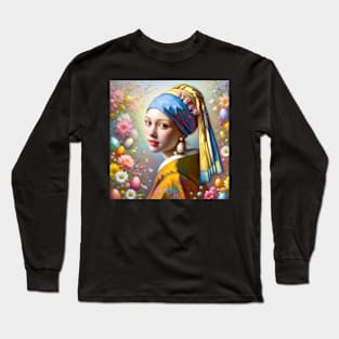 Easter Elegance: Pearl Earrings Girl with Easter Egg Long Sleeve T-Shirt